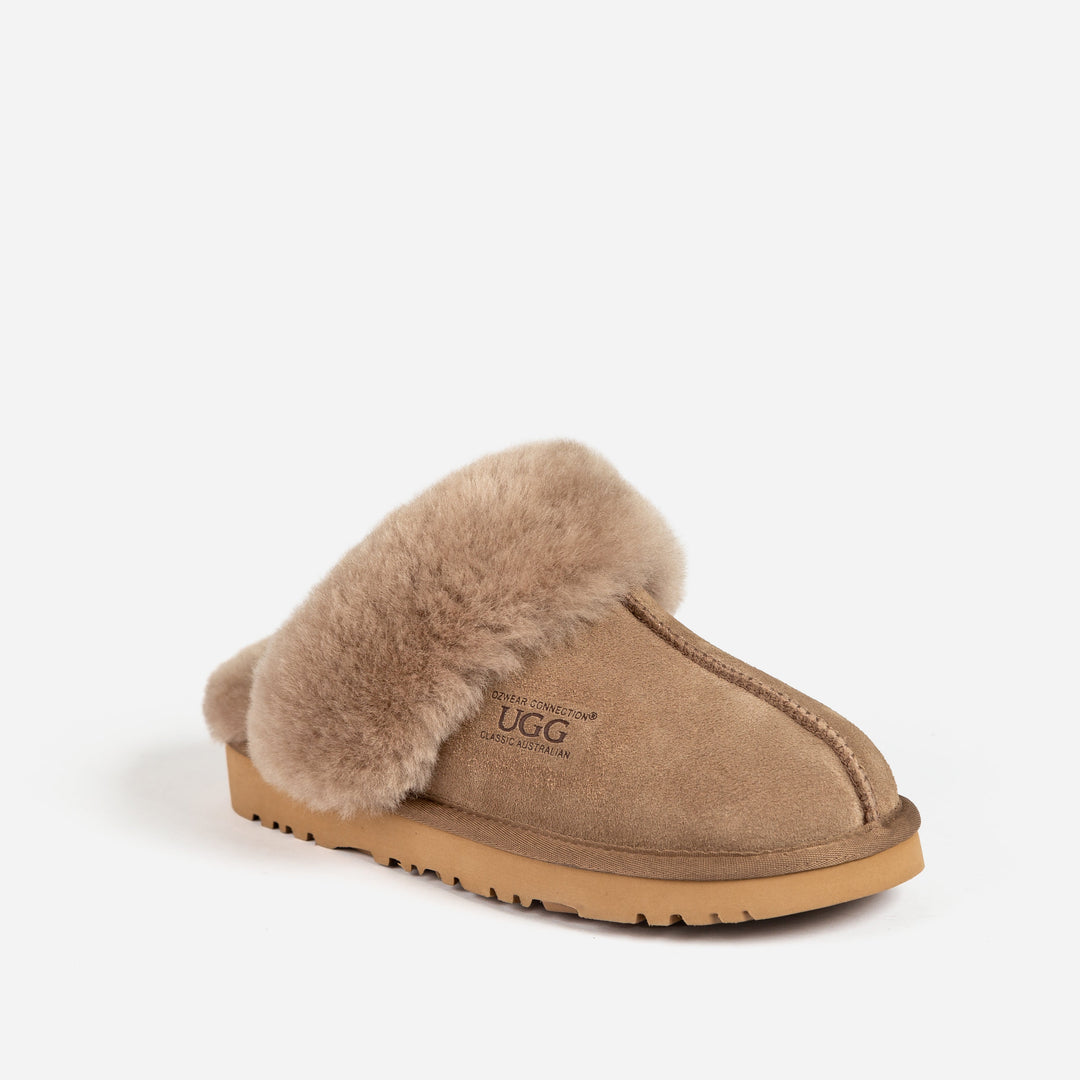 OZWEAR UGG Slippers Premium Australia Sheepskin Unisex Scuffete Suede (Unisex Cow Suede)
