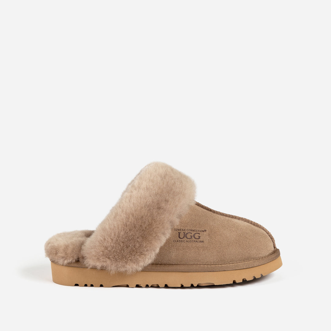 OZWEAR UGG Slippers Premium Australia Sheepskin Unisex Scuffete Suede (Unisex Cow Suede)