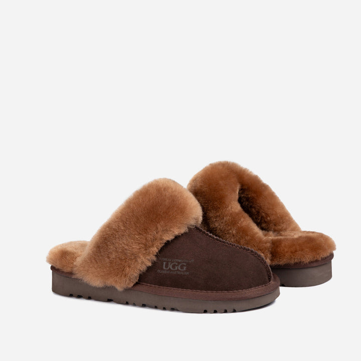 OZWEAR UGG Slippers Premium Australia Sheepskin Unisex Scuffete Suede (Unisex Cow Suede)