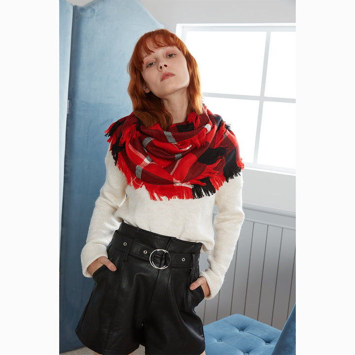 fringed check wool scarf