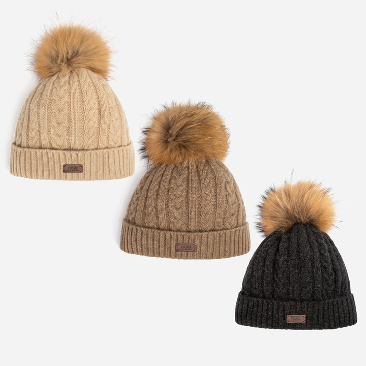 OZWEAR UGG Cable Knit Pure Cashmere Beanie With Detachable Pom Pom (Raccoon)