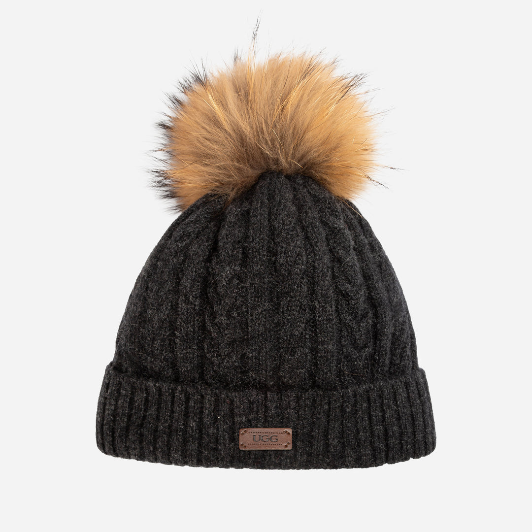 OZWEAR UGG Cable Knit Pure Cashmere Beanie With Detachable Pom Pom (Raccoon)