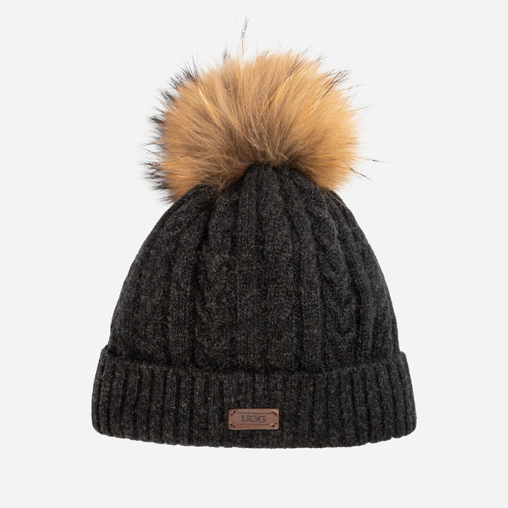 OZWEAR UGG Cable Knit Pure Cashmere Beanie With Detachable Pom Pom (Raccoon)