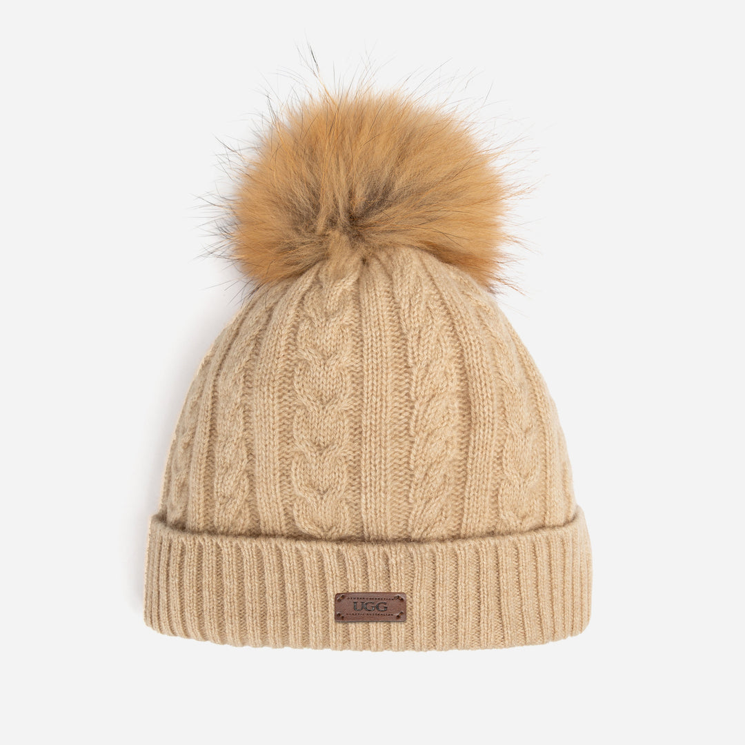 OZWEAR UGG Cable Knit Pure Cashmere Beanie With Detachable Pom Pom (Raccoon)