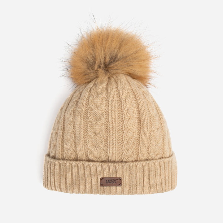OZWEAR UGG Cable Knit Pure Cashmere Beanie With Detachable Pom Pom (Raccoon)