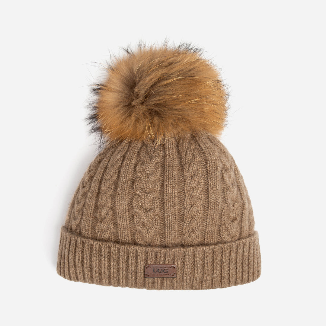 OZWEAR UGG Cable Knit Pure Cashmere Beanie With Detachable Pom Pom (Raccoon)