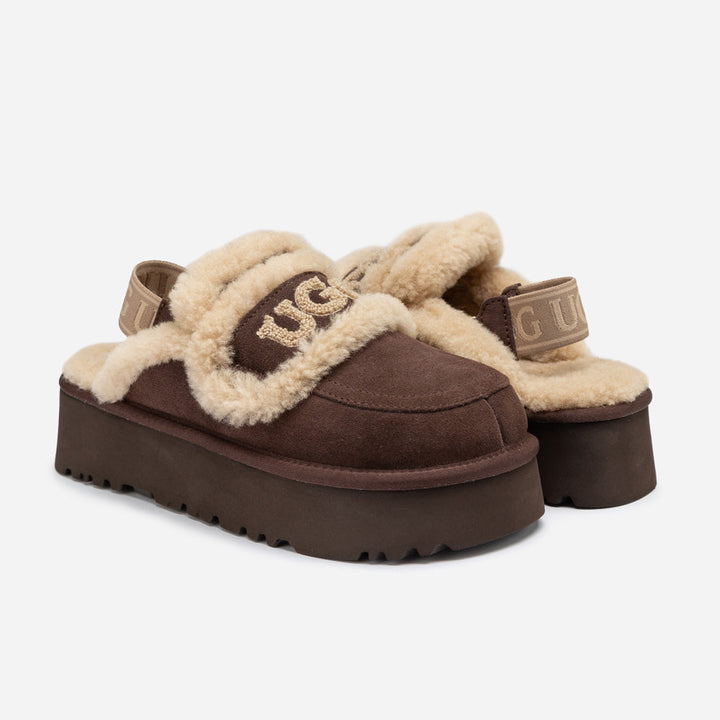 OZWEAR UGG Violet Shearling Platform Slipper (Elastic Logo) (Detachable Feature)