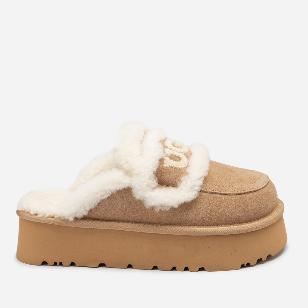 OZWEAR UGG Violet Shearling Platform Slipper (Elastic Logo) (Detachable Feature)