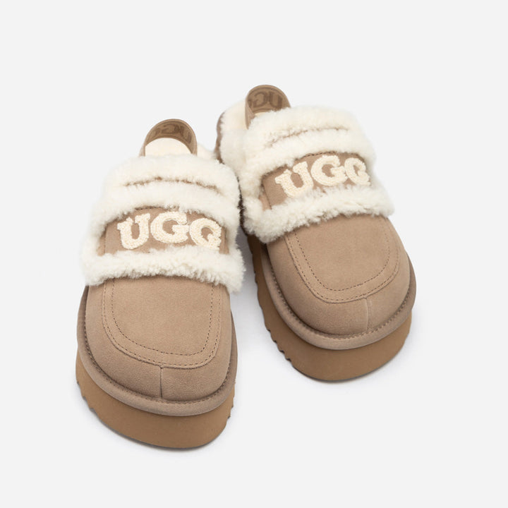 OZWEAR UGG Violet Shearling Platform Slipper (Elastic Logo) (Detachable Feature)