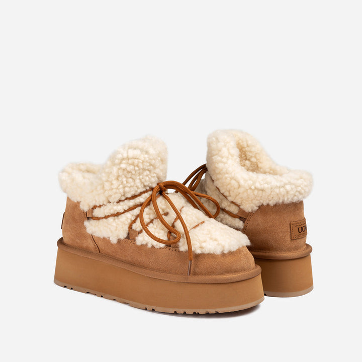 OZWEAR UGG Classic Fluffy Lace-Up Platform Mini Snow Boots (4.5cm) (Water Resistant)