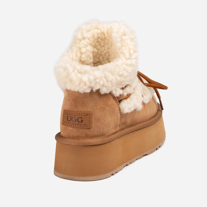 OZWEAR UGG Classic Fluffy Lace-Up Platform Mini Snow Boots (4.5cm) (Water Resistant)
