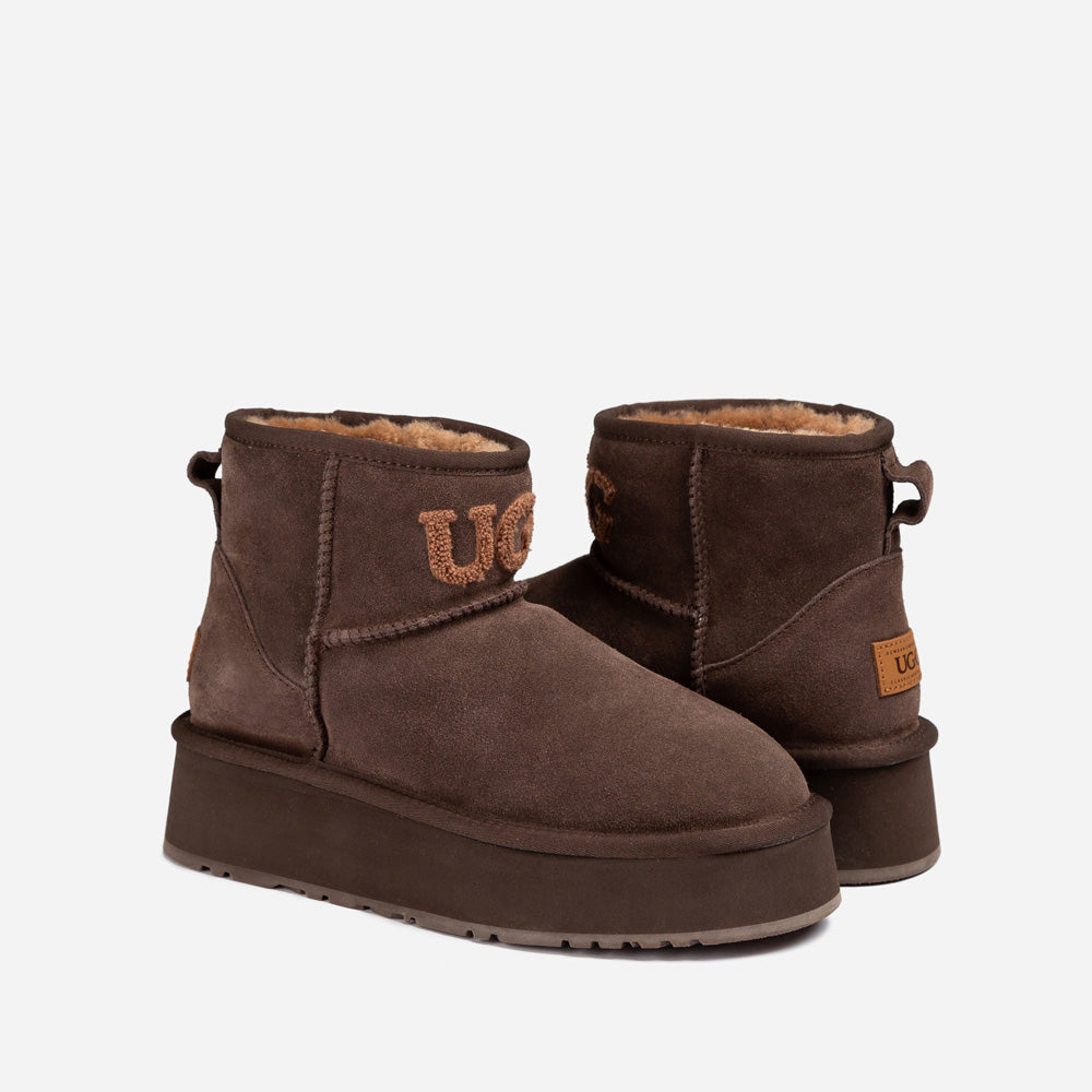 OZWEAR UGG Classic Platform Knit Logo Mini Boots (Water Resistant)(4cm)