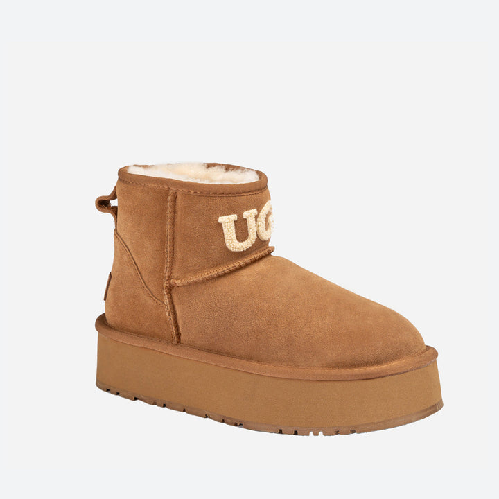 OZWEAR UGG Classic Platform Knit Logo Mini Boots (Water Resistant)(4cm)