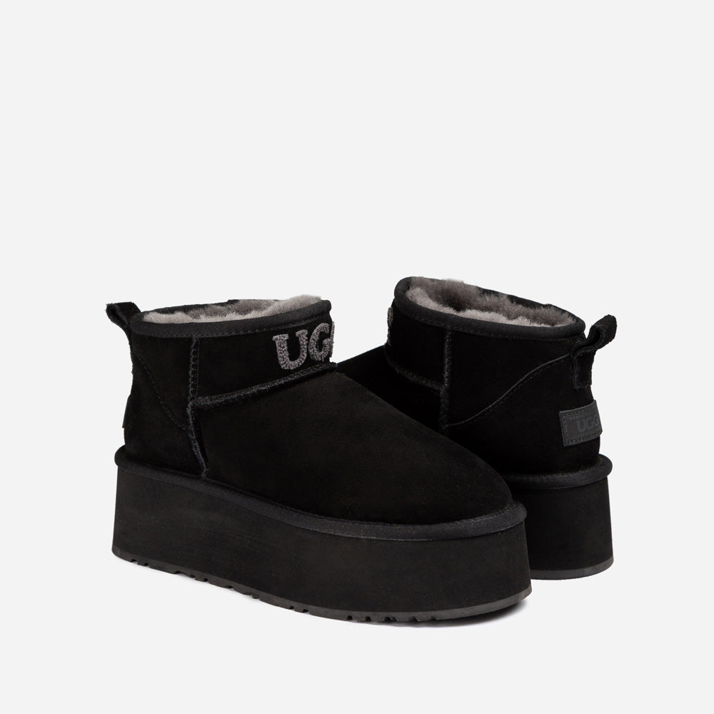 OZWEAR UGG Classic Platform Knit Logo Ultra Mini Boots (Water Resistant) (5cm)