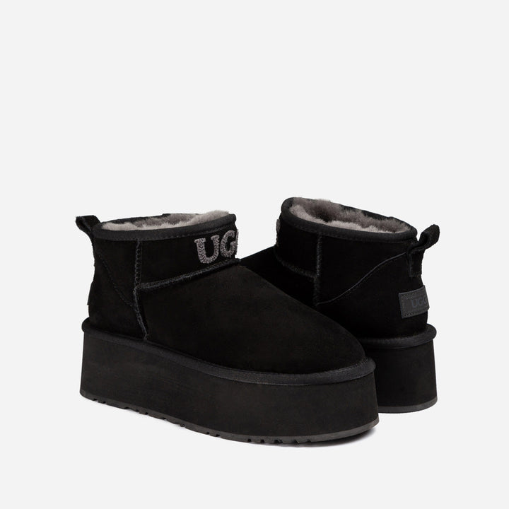 OZWEAR UGG Classic Platform Knit Logo Ultra Mini Boots (Water Resistant) (5cm)