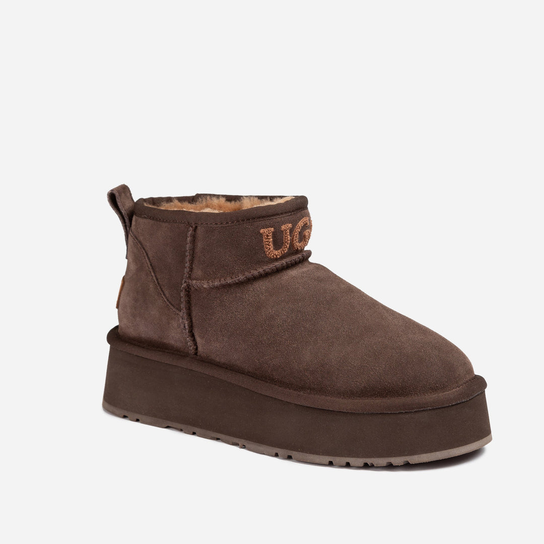OZWEAR UGG Classic Platform Knit Logo Ultra Mini Boots (Water Resistant)(4cm)