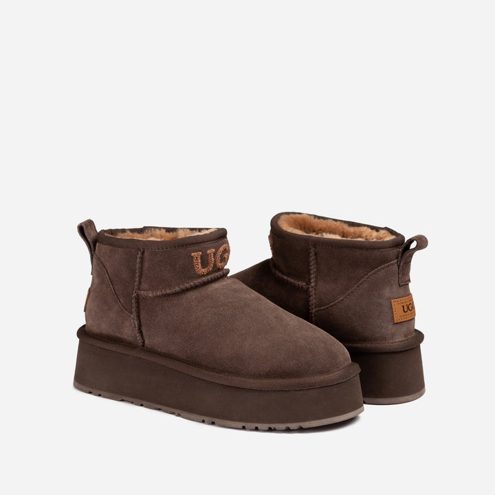 OZWEAR UGG Classic Platform Knit Logo Ultra Mini Boots (Water Resistant)(4cm)
