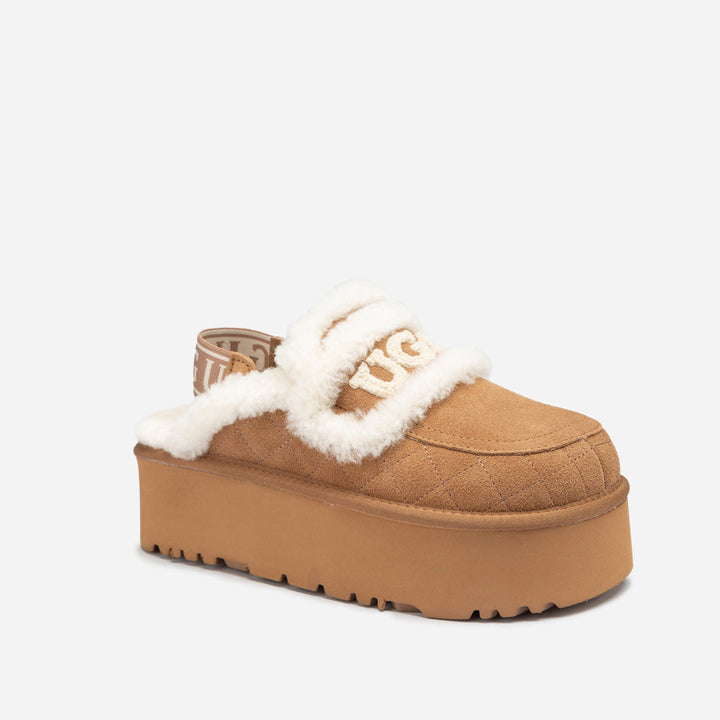 OZWEAR UGG Violet Matelassé Shearling Super Platform (6cm) Slipper (Elastic Logo) (Detachable Feature)