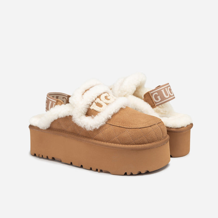 OZWEAR UGG Violet Matelassé Shearling Super Platform (6cm) Slipper (Elastic Logo) (Detachable Feature)