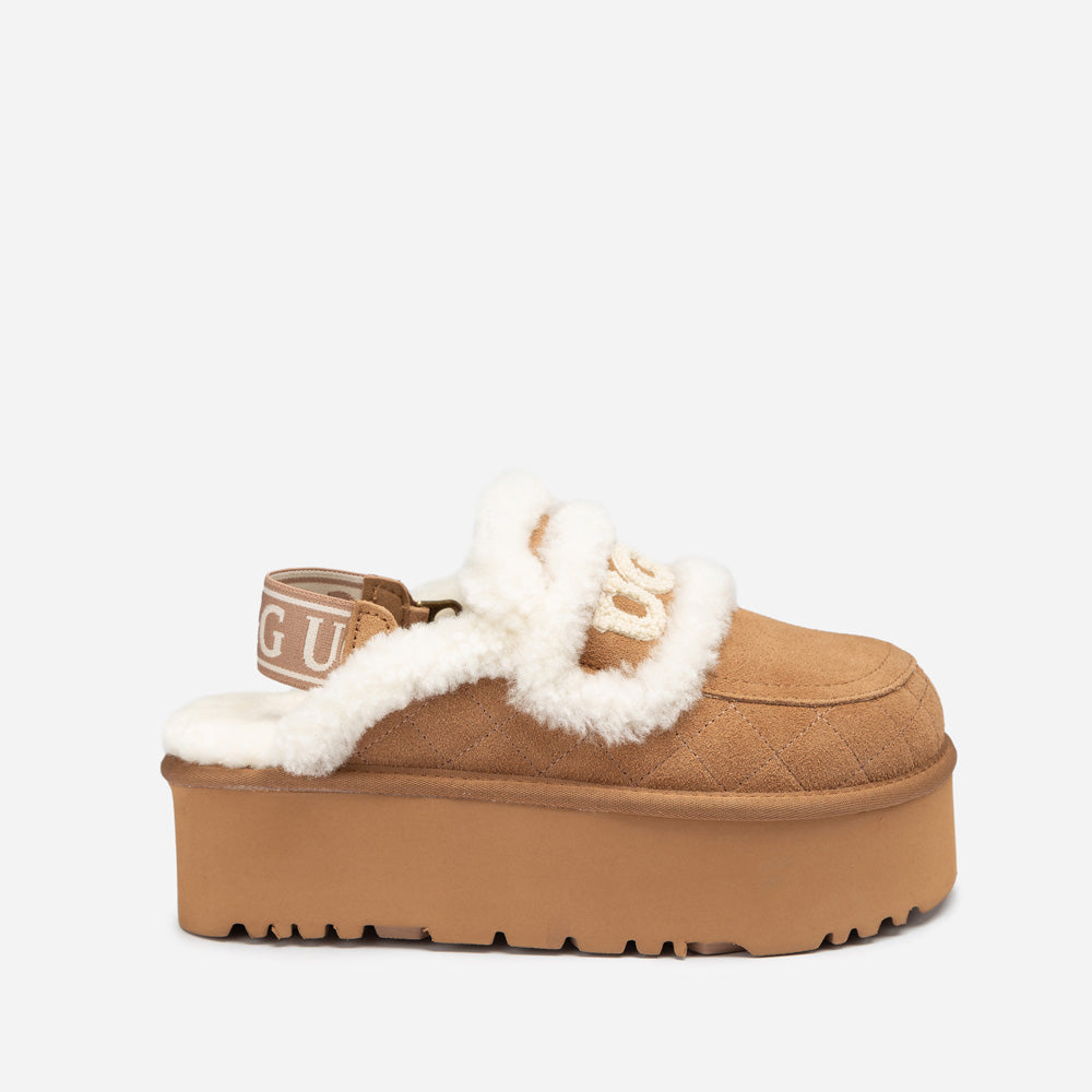 OZWEAR UGG Violet Matelassé Shearling Super Platform (6cm) Slipper (Elastic Logo) (Detachable Feature)