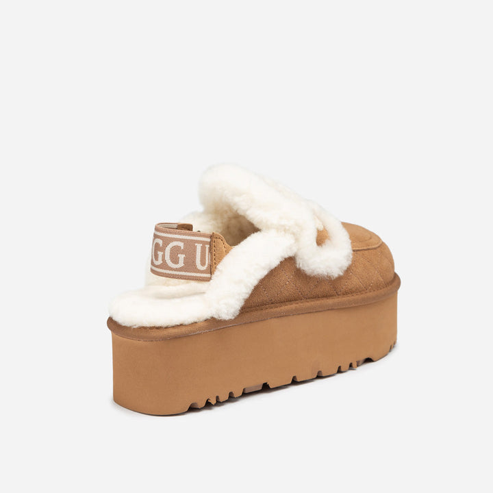 OZWEAR UGG Violet Matelassé Shearling Super Platform (6cm) Slipper (Elastic Logo) (Detachable Feature)
