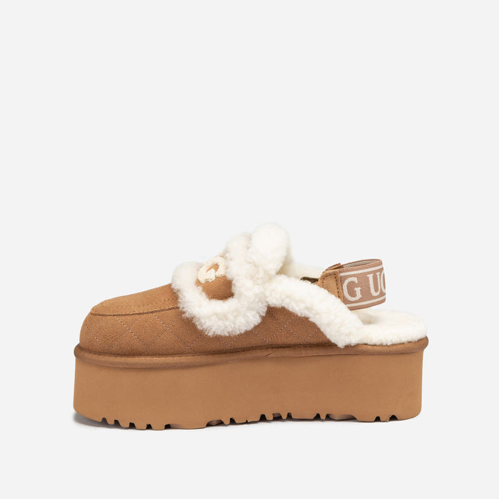 OZWEAR UGG Violet Matelassé Shearling Super Platform (6cm) Slipper (Elastic Logo) (Detachable Feature)