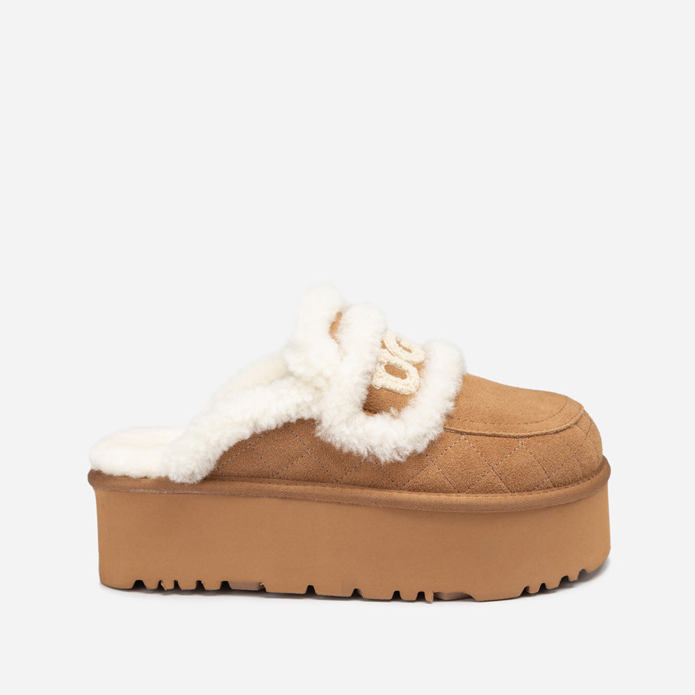 OZWEAR UGG Violet Matelassé Shearling Super Platform (6cm) Slipper (Elastic Logo) (Detachable Feature)