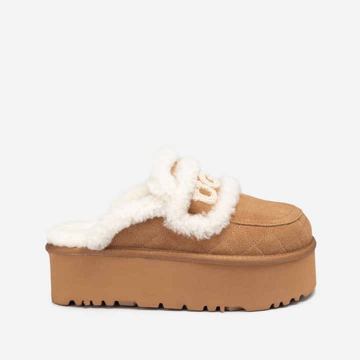 OZWEAR UGG Violet Matelassé Shearling Super Platform (6cm) Slipper (Elastic Logo) (Detachable Feature)