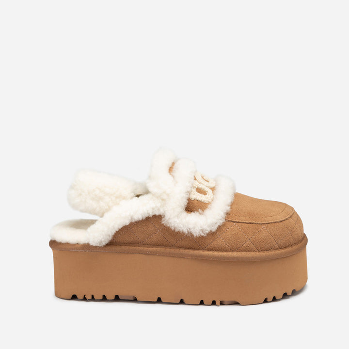 OZWEAR UGG Violet Matelassé Shearling Super Platform (6cm) Slipper (Elastic Logo) (Detachable Feature)