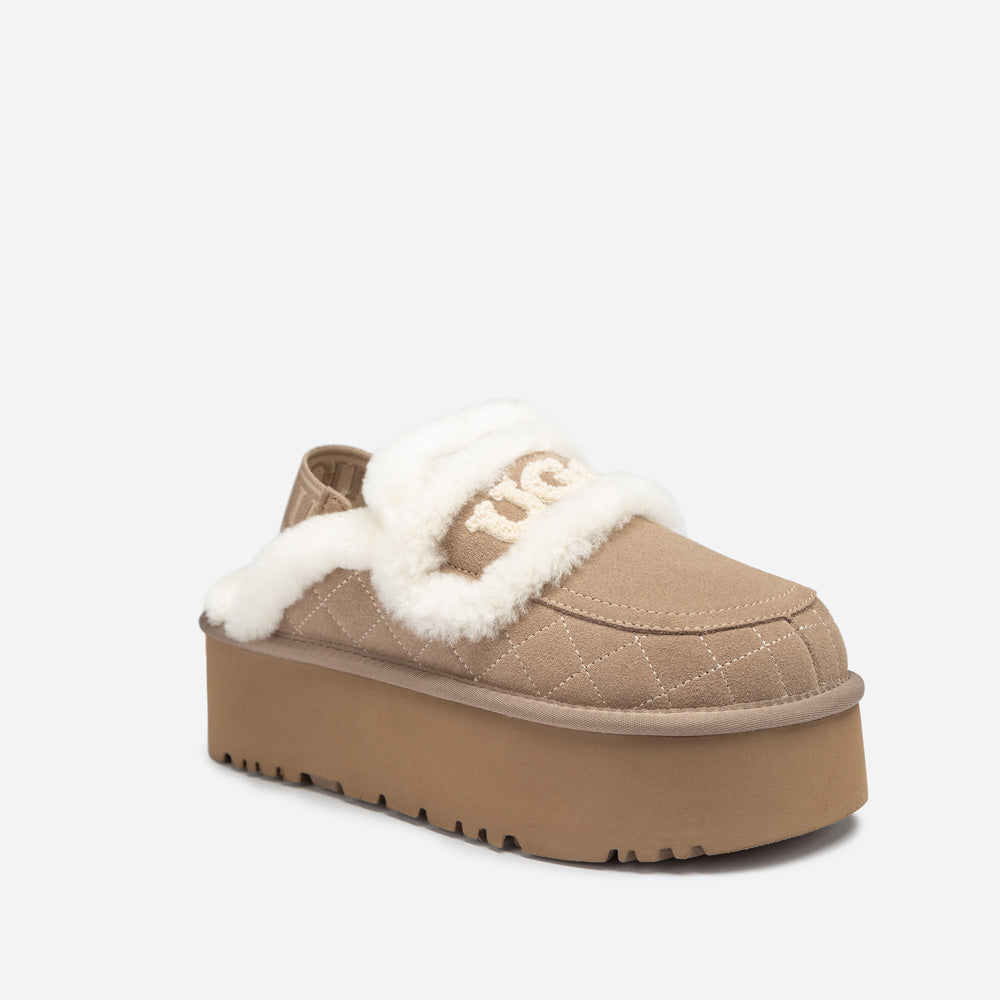 OZWEAR UGG Violet Matelassé Shearling Super Platform (6cm) Slipper (Elastic Logo) (Detachable Feature)