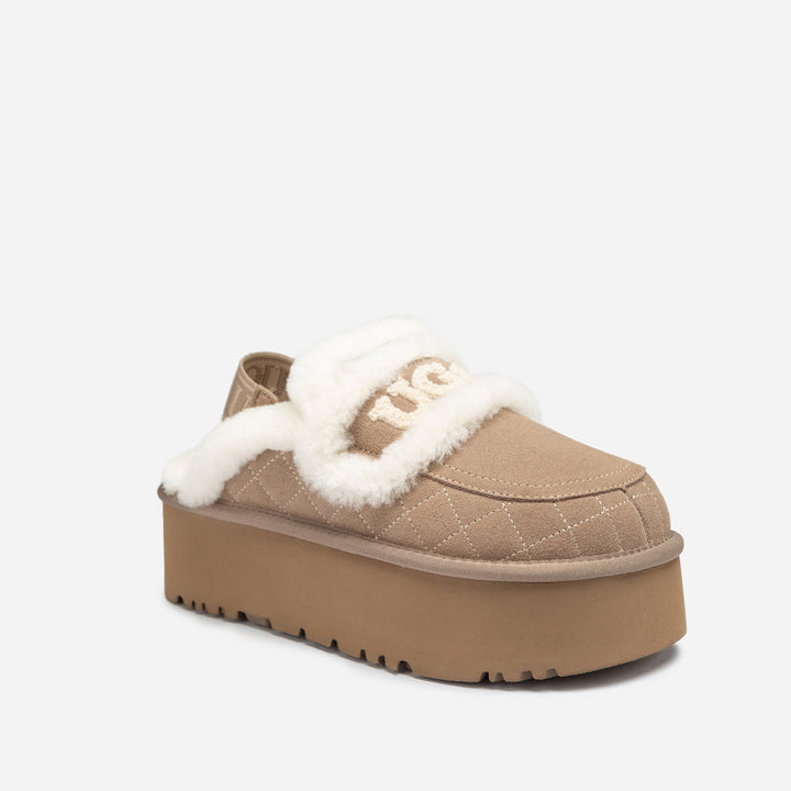 OZWEAR UGG Violet Matelassé Shearling Super Platform (6cm) Slipper (Elastic Logo) (Detachable Feature)