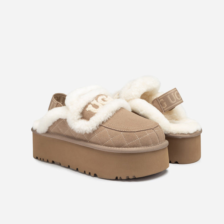 OZWEAR UGG Violet Matelassé Shearling Super Platform (6cm) Slipper (Elastic Logo) (Detachable Feature)