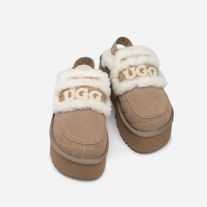 OZWEAR UGG Violet Matelassé Shearling Super Platform (6cm) Slipper (Elastic Logo) (Detachable Feature)