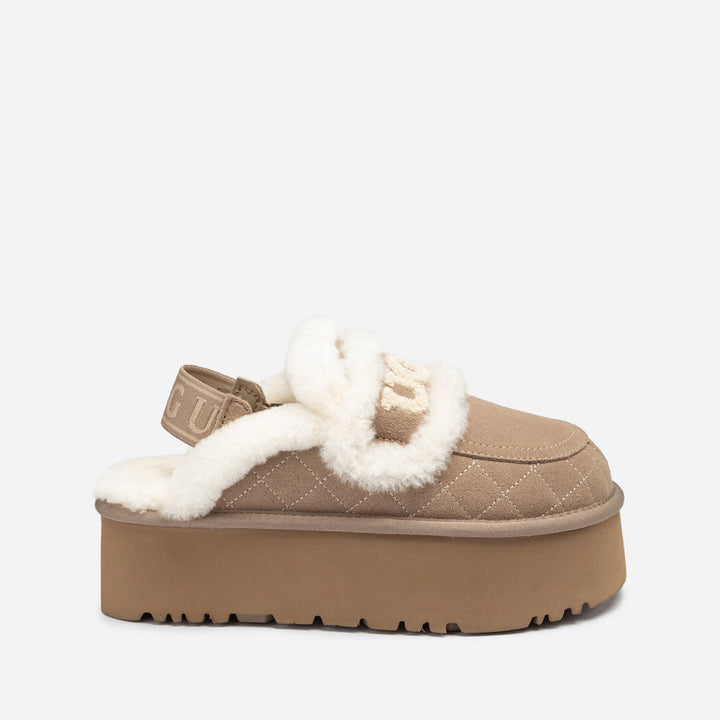 OZWEAR UGG Violet Matelassé Shearling Super Platform (6cm) Slipper (Elastic Logo) (Detachable Feature)