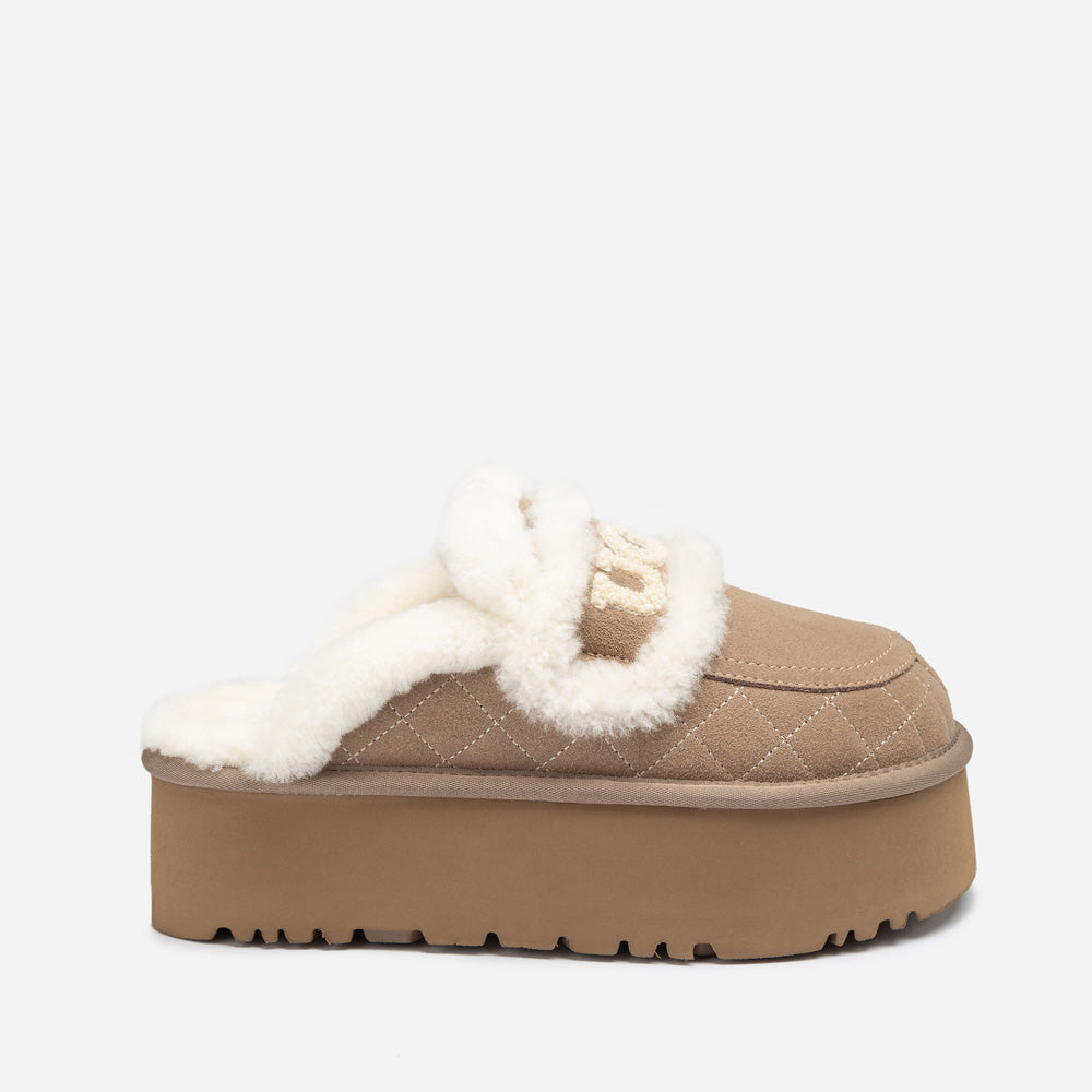 OZWEAR UGG Violet Matelassé Shearling Super Platform (6cm) Slipper (Elastic Logo) (Detachable Feature)