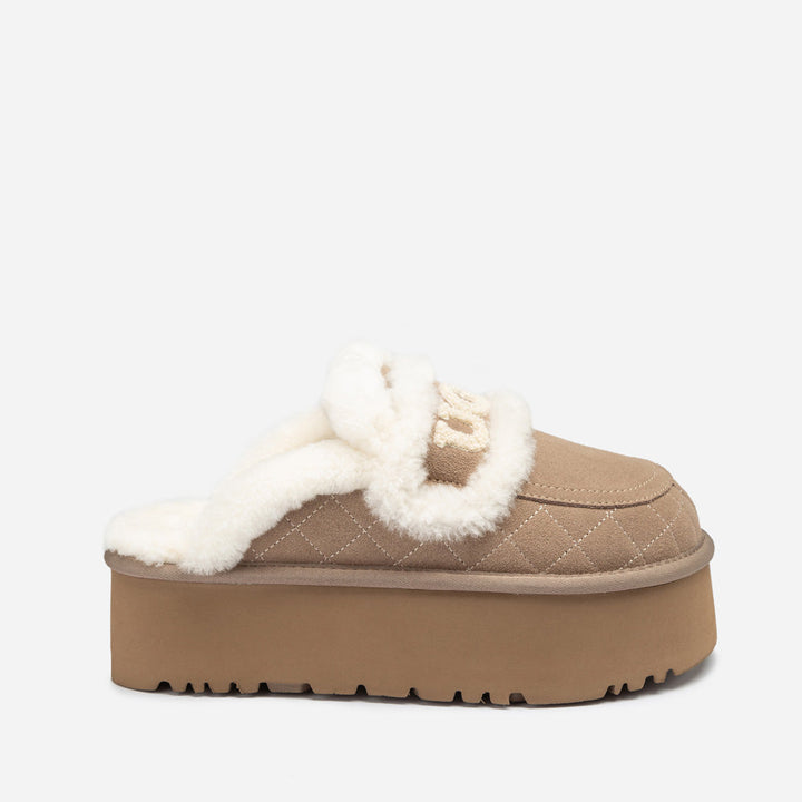 OZWEAR UGG Violet Matelassé Shearling Super Platform (6cm) Slipper (Elastic Logo) (Detachable Feature)