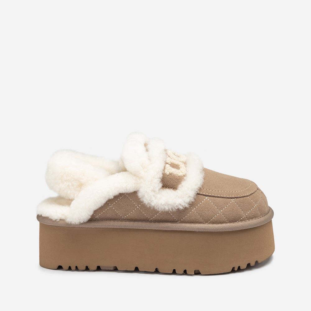 OZWEAR UGG Violet Matelassé Shearling Super Platform (6cm) Slipper (Elastic Logo) (Detachable Feature)