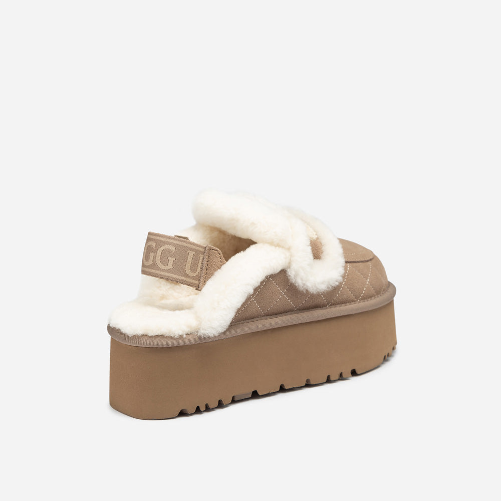 OZWEAR UGG Violet Matelassé Shearling Super Platform (6cm) Slipper (Elastic Logo) (Detachable Feature)