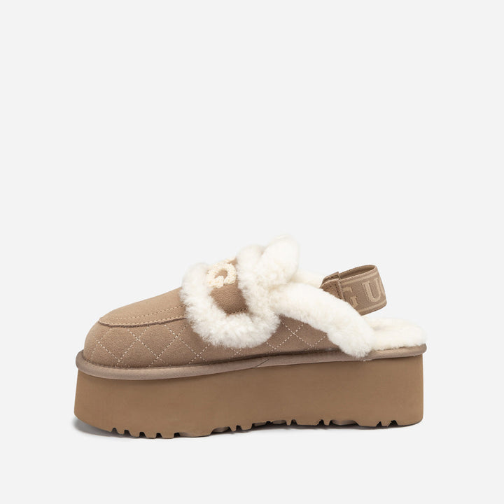 OZWEAR UGG Violet Matelassé Shearling Super Platform (6cm) Slipper (Elastic Logo) (Detachable Feature)