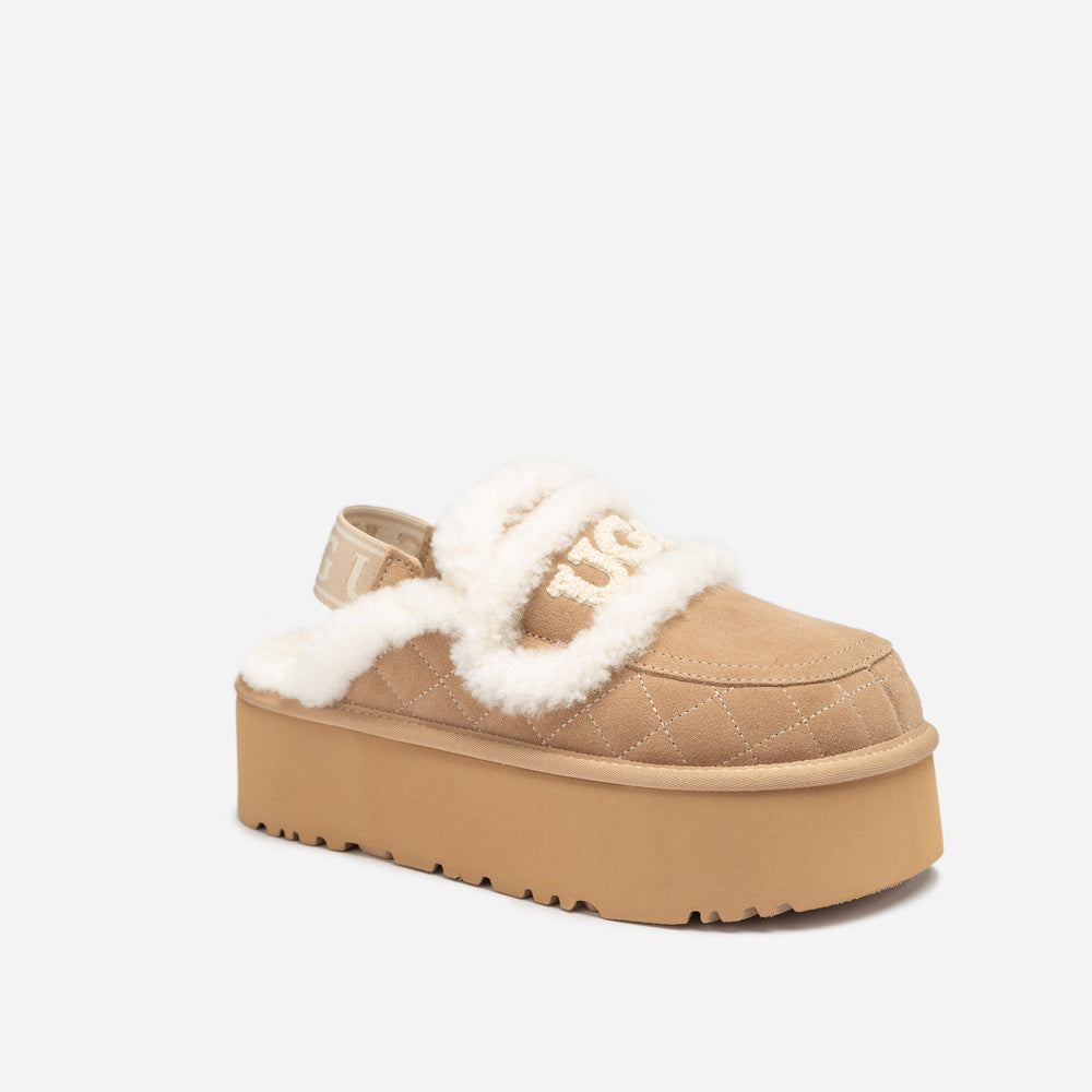 OZWEAR UGG Violet Matelassé Shearling Super Platform (6cm) Slipper (Elastic Logo) (Detachable Feature)