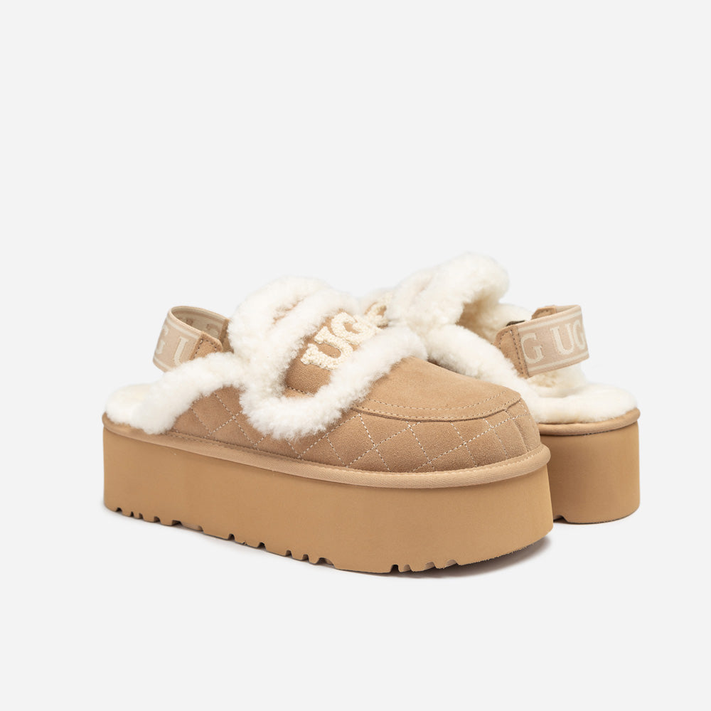 OZWEAR UGG Violet Matelassé Shearling Super Platform (6cm) Slipper (Elastic Logo) (Detachable Feature)