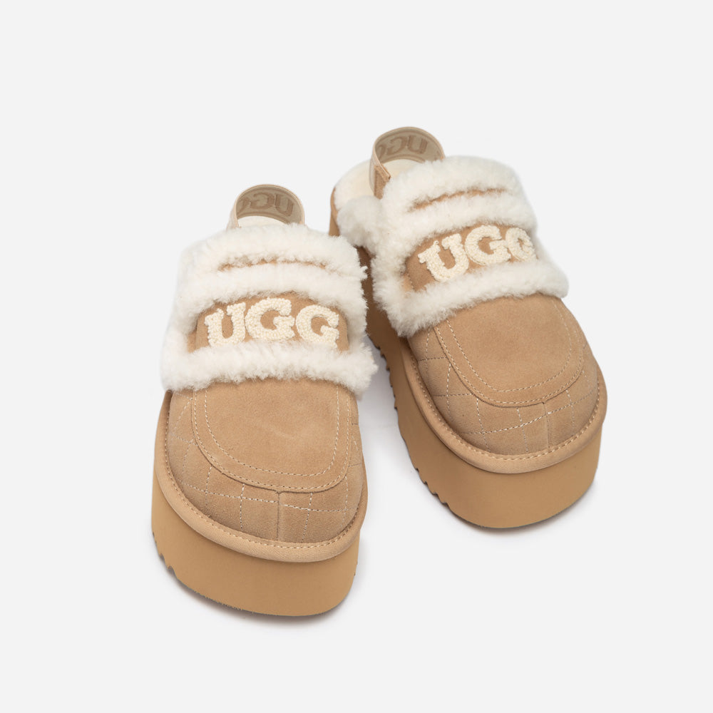 OZWEAR UGG Violet Matelassé Shearling Super Platform (6cm) Slipper (Elastic Logo) (Detachable Feature)
