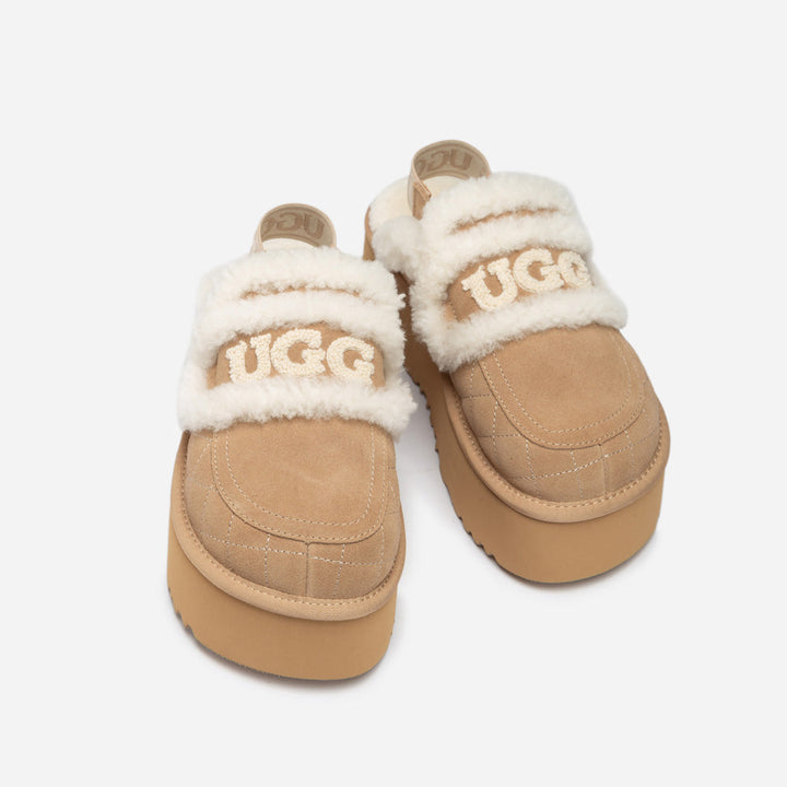 OZWEAR UGG Violet Matelassé Shearling Super Platform (6cm) Slipper (Elastic Logo) (Detachable Feature)