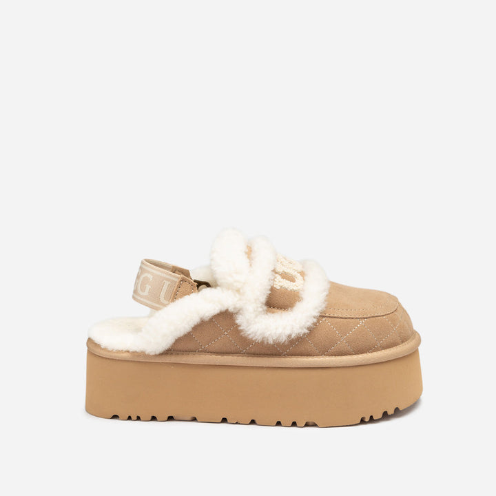 OZWEAR UGG Violet Matelassé Shearling Super Platform (6cm) Slipper (Elastic Logo) (Detachable Feature)