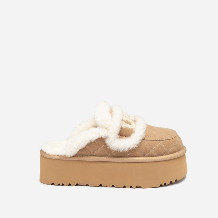 OZWEAR UGG Violet Matelassé Shearling Super Platform (6cm) Slipper (Elastic Logo) (Detachable Feature)