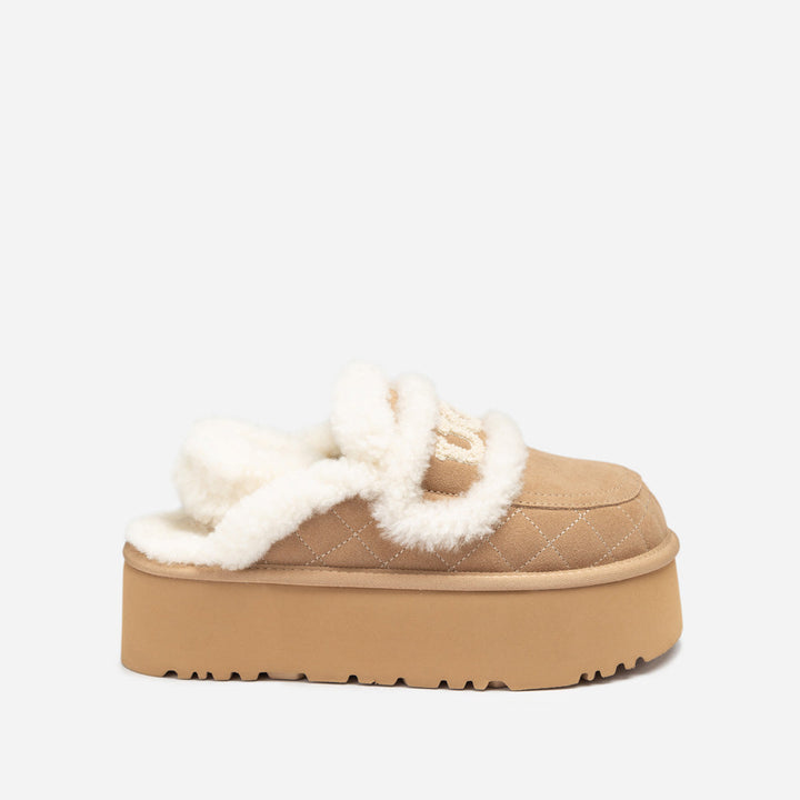 OZWEAR UGG Violet Matelassé Shearling Super Platform (6cm) Slipper (Elastic Logo) (Detachable Feature)