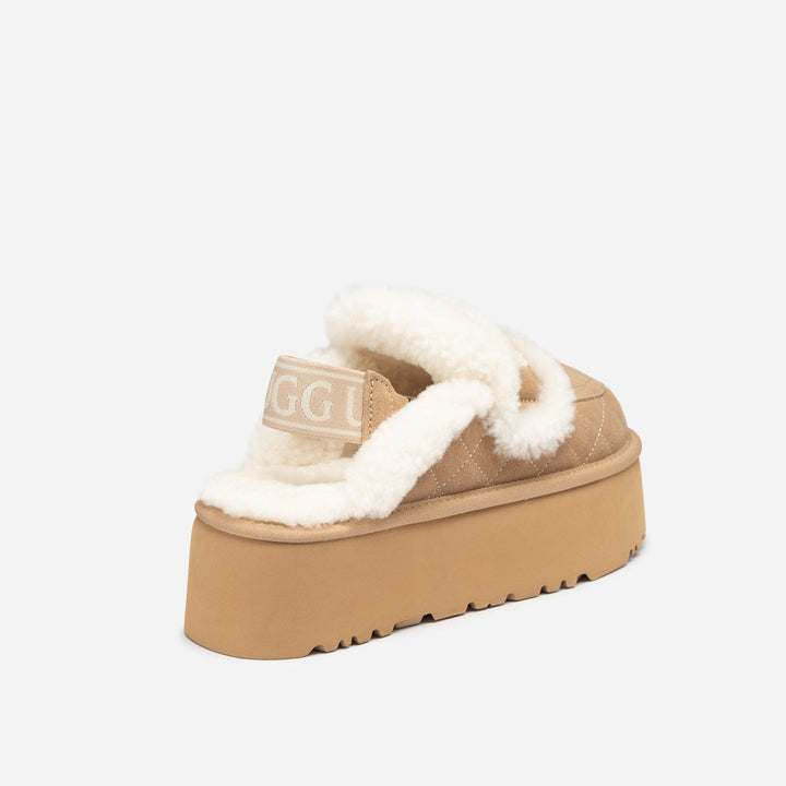 OZWEAR UGG Violet Matelassé Shearling Super Platform (6cm) Slipper (Elastic Logo) (Detachable Feature)