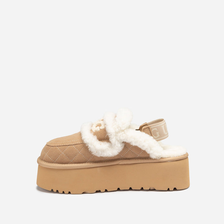 OZWEAR UGG Violet Matelassé Shearling Super Platform (6cm) Slipper (Elastic Logo) (Detachable Feature)