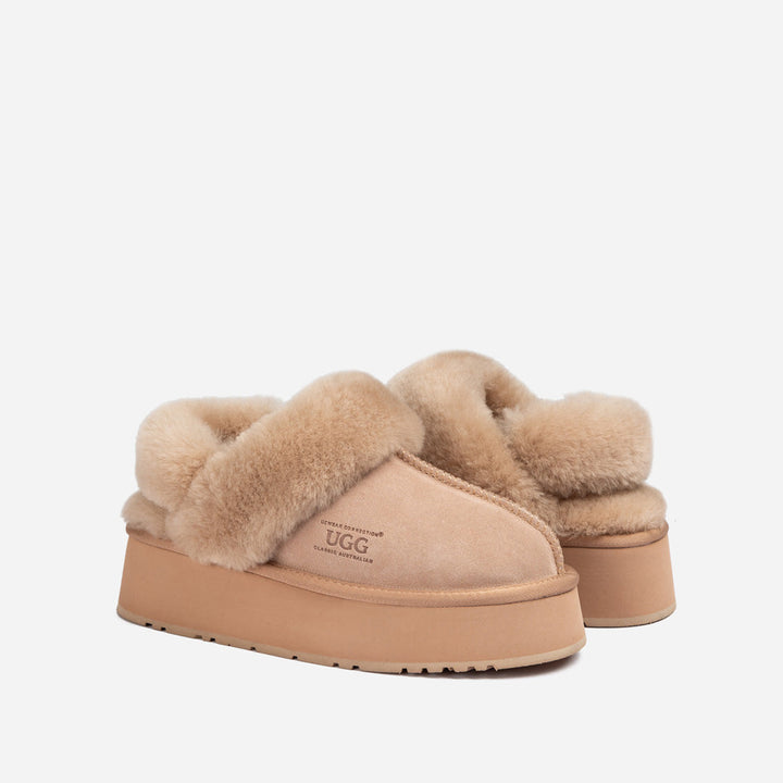 OZWEAR UGG Platform Slipper (Elastic Logo & Wool Strap) 4.5cm (Detachable Feature)(Water Resistant)