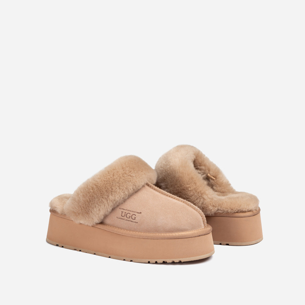 OZWEAR UGG Platform Slipper (Elastic Logo & Wool Strap) 4.5cm (Detachable Feature)(Water Resistant)